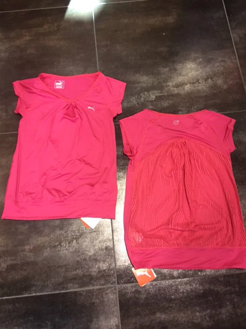 4361 PUMA T-Shirt Fitness Polyestere Fucsia Corail Rouge Femme V-Neck XS S - Photo 1/1