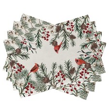 Winter Cardinal Birds Placemats Set of 4 Red Berries Branch Pine Cone Cotton