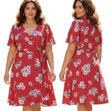 MADEWELL "Daisy Society" Red Striped Faux Wrap Dress - Size 16