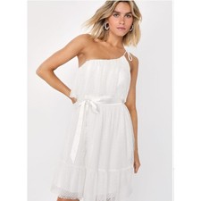 Lulu-Adorable Event White Mesh One-Shoulder Swiss Dot Mini Dress SizeM Bridal