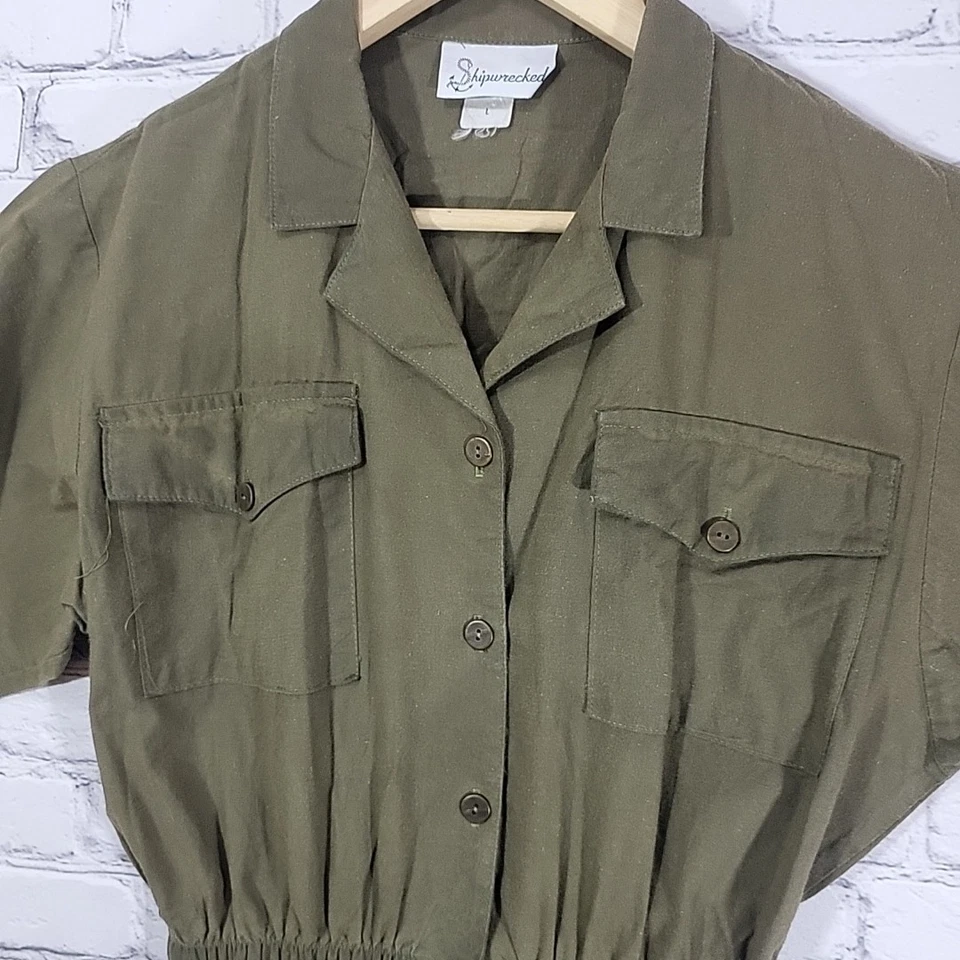 Camisa vintage anos 90 exército verde botão elástico bolsos cintura modesto L algodão EUA - Imagem 3 de 4
