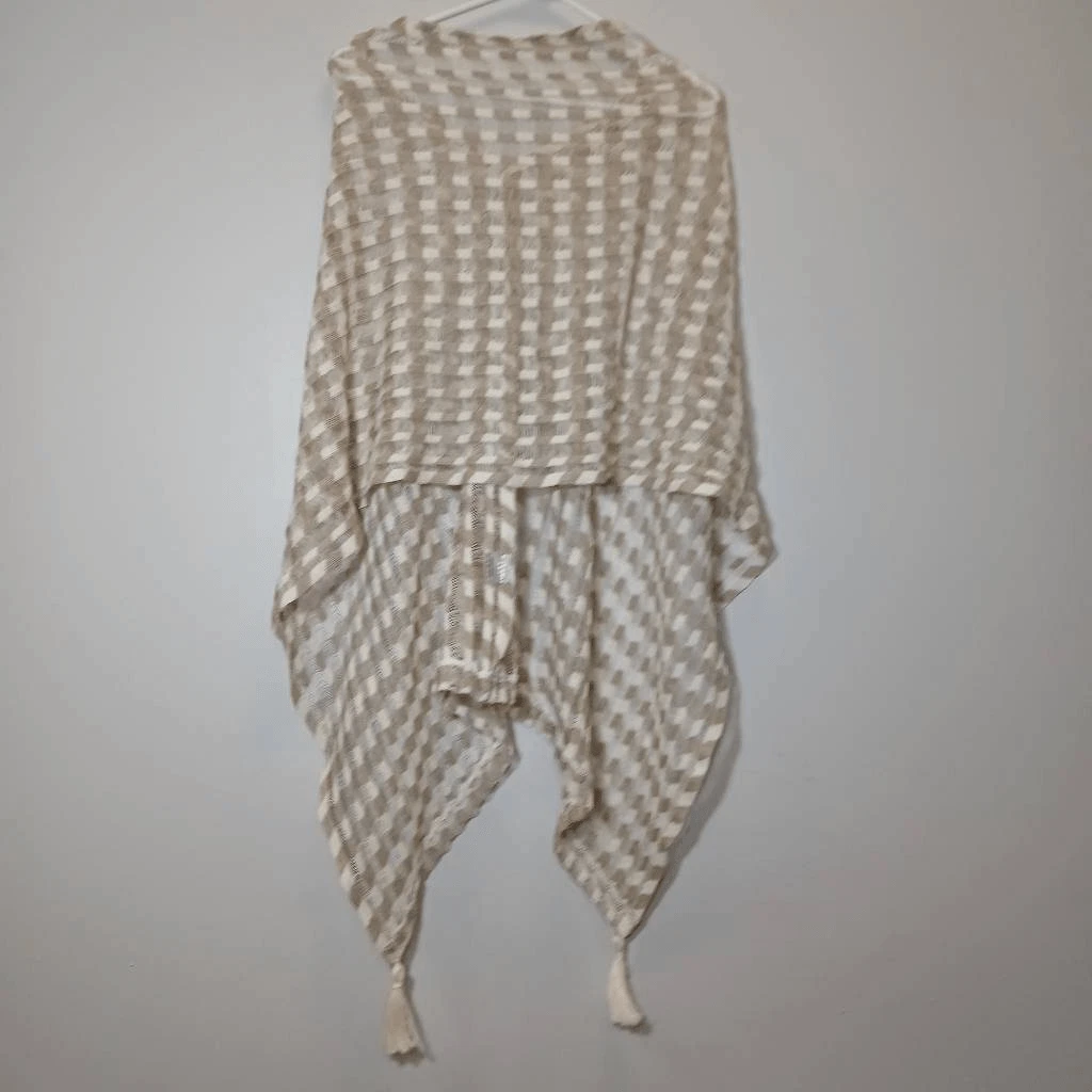 Womens medium 100% linen summer poncho throw shawl beige tan transparent
