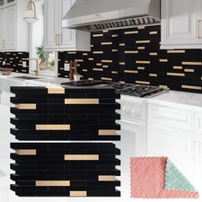 20 Sheets Peel and Stick Tile Backsplash, Black with Metal Gold Look Stick on...