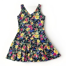 Vintage 90s Express Drop Waist Floral Print Sleeveless Mini Dress Pleated M
