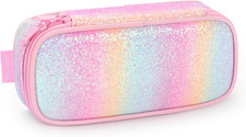 Girls Pencil Case for Kids, Multi-Slot Pencil Pouch, Pink Blue Rainbow
