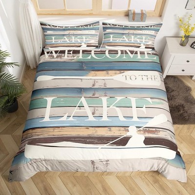 Grey Rustic Farmhouse Duvet Cover Set Queen Size Lake House Style Bedding Set...