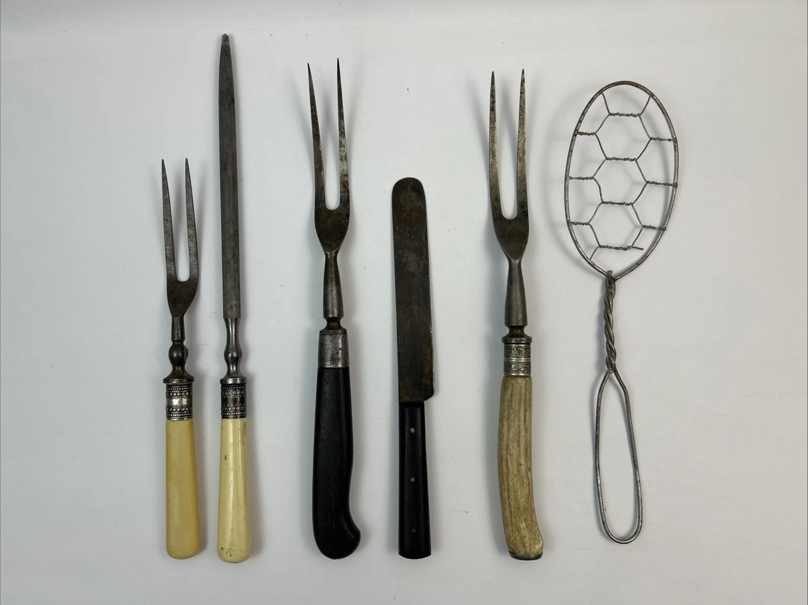 Vintage Primitive Kitchen Utensil Whisk Serving Knife Spatula Sharpener Lot