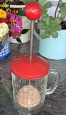 Vintage Kitchen Hazel Atlas Glass Food Nut Chopper Red Metal Lid Wooden Knob