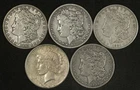 LOT OF (5) MORGAN & PEACE SILVER DOLLARS: 1880-S 1887-O 1898-O 1921-S 1922