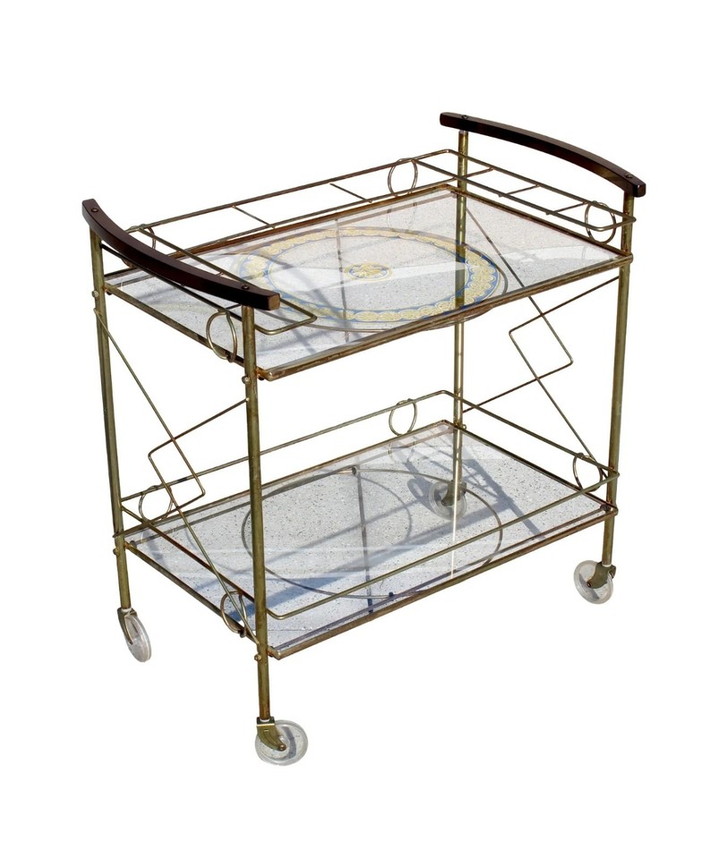 Mid-Century Modern Brass & Glass Bar Cart with Blue & Gold Medallion Top
