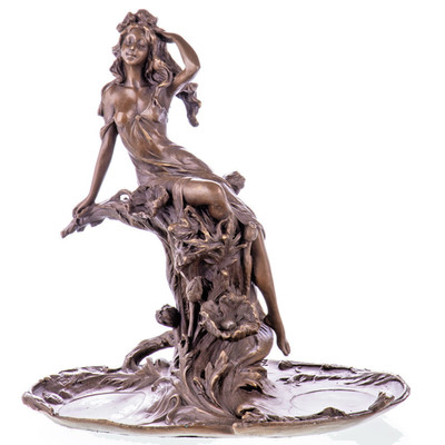 BRONZESKULPTUR Frau auf Seerose Blumen Schale Visitenkartenablage JMA310.2