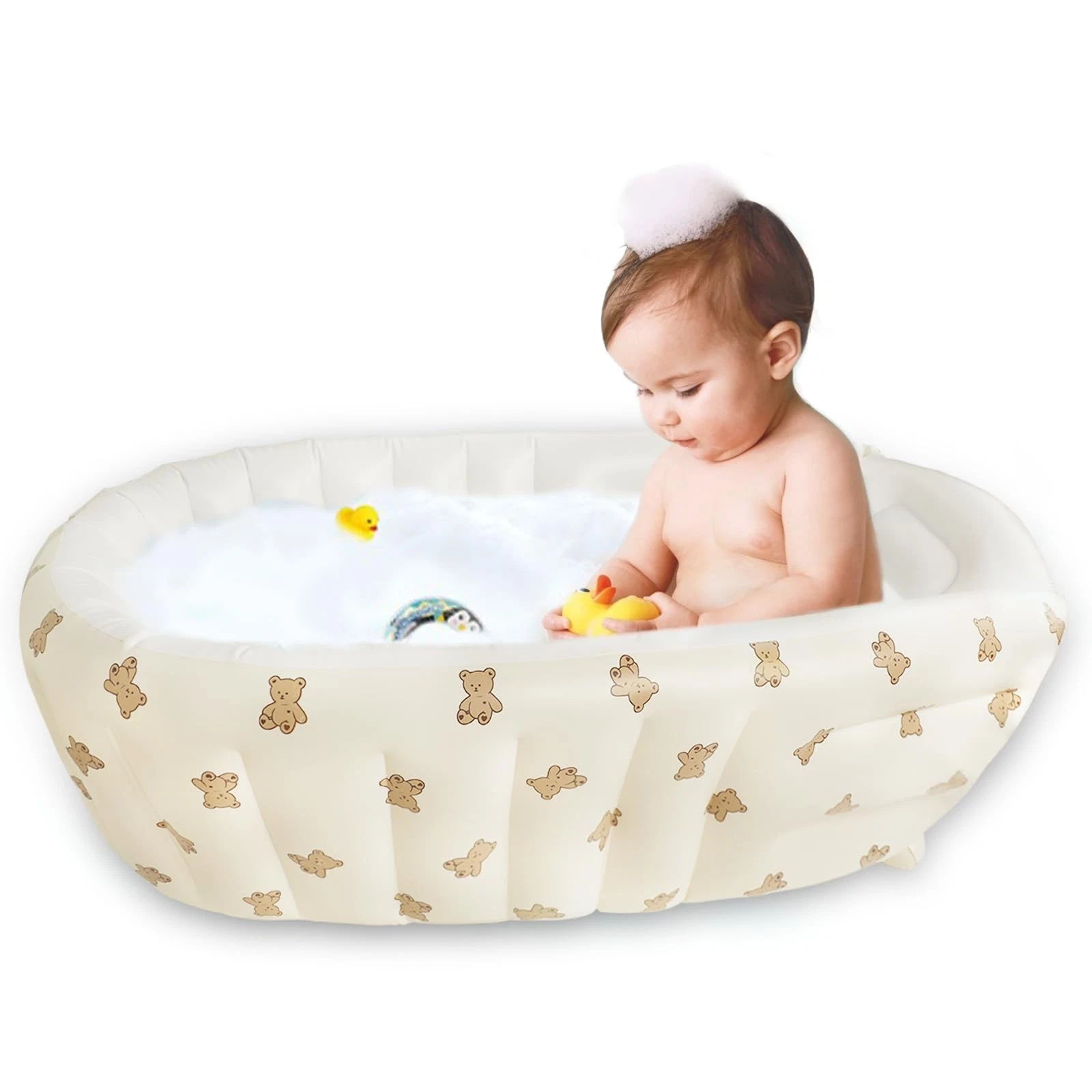 EKEPE Inflatable Baby Bathtub with Built in Pump, Collapsible Standard, Beige