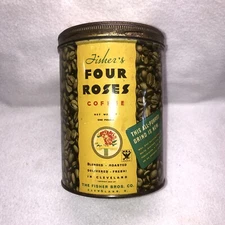 Fisher's FOUR ROSES COFFEE 1 Pound Tin Can Copyright 1934 Vintage Cleveland OH