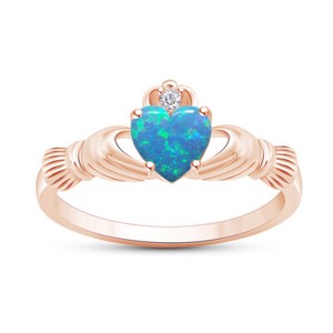 Authentic 3/8 Ct Heart Claddagh Wedding Ring Blue Opal & Diamond 14k Rose Gold Plated