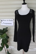 XN 16) SIZE 1 KOOKAI BLACK KNIT STRETCH BODYCON DRESS LONG SLEEVE LACE SHOULDERS