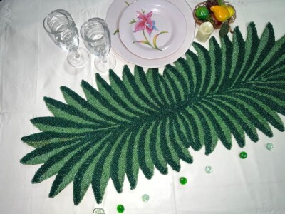 Handmade Beaded Table Runner Green Leaves Table Runner Luxury Tableware 13X36 In