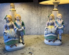 Set Of 2 Vtg Victorian Couple Hand Painted Porcelain Boudoir Lamps Made in Japan
