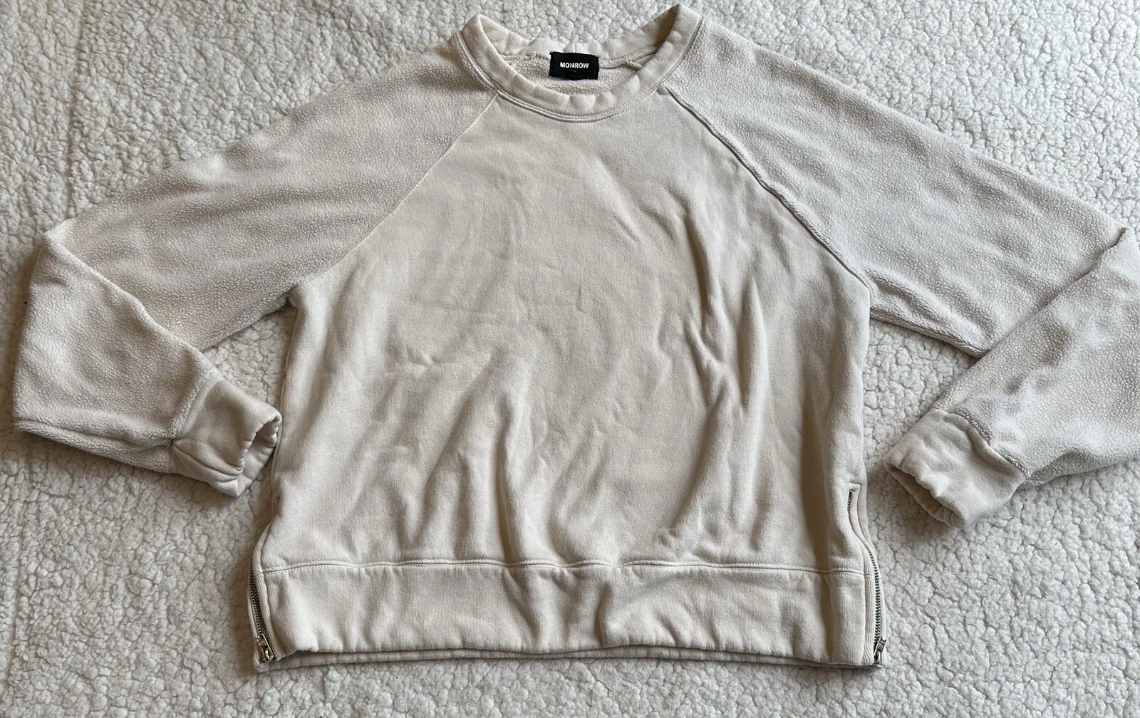 Monrow Womens Reverse Mix Teddy Fleece Sweatshirt Cream Side Zip Made in US XS