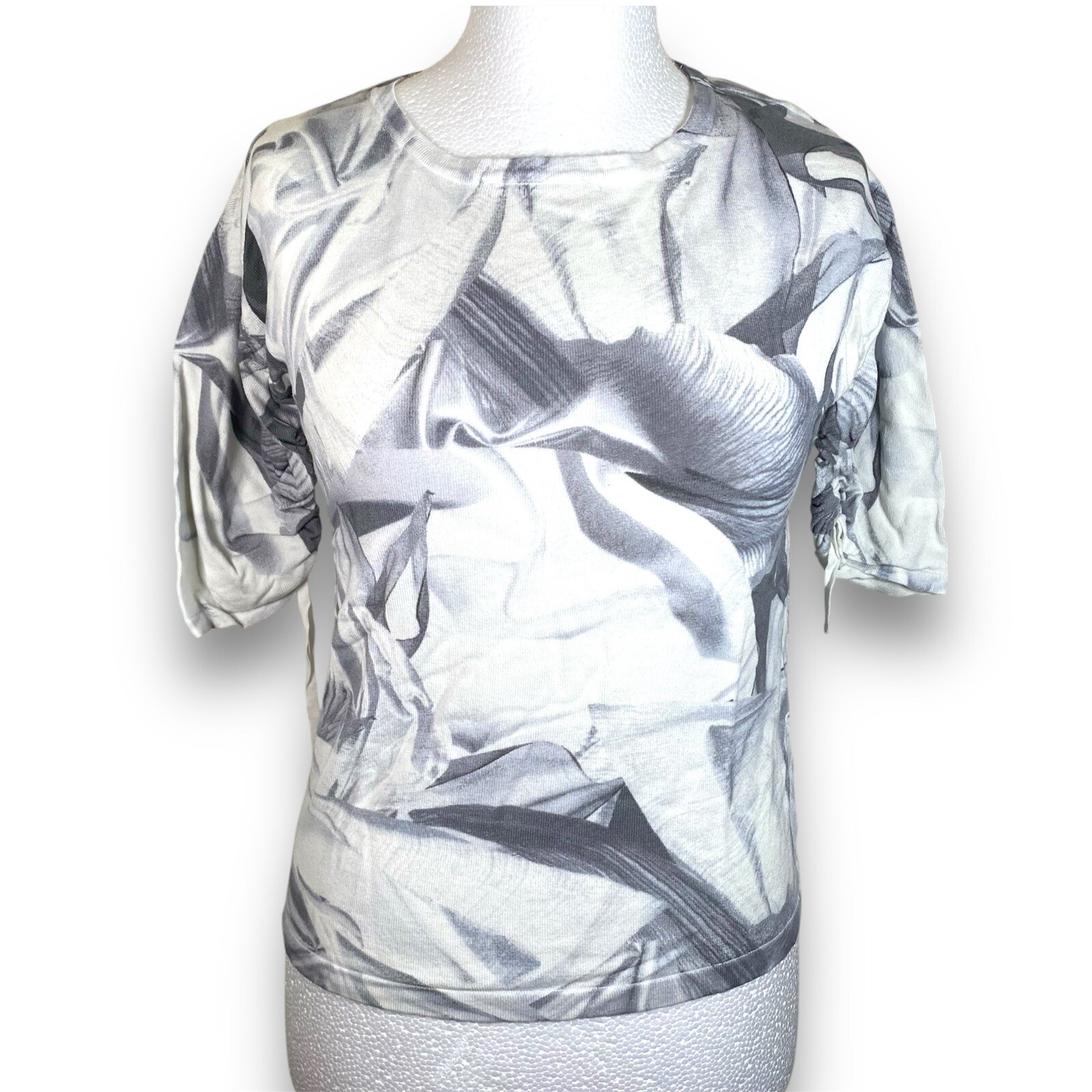 Next Grey & White Patterned Knit Top Ruched 3/4 Sleeve Stretch Size 12