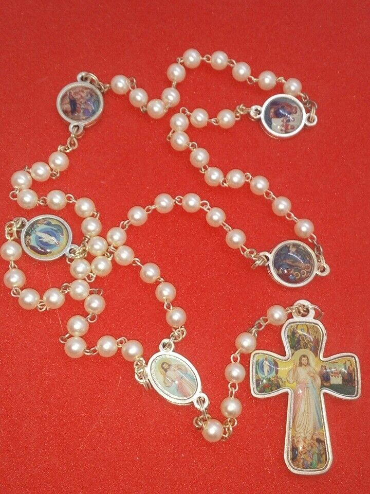 Mysteries of Light Pearl Bead Rosary Beads with Leather Pouch, Made in Italy