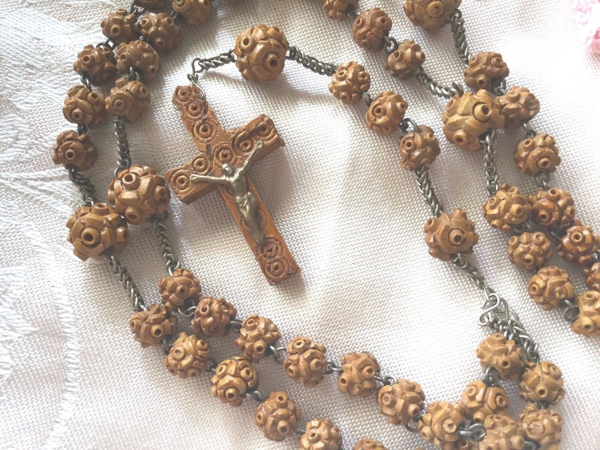 French antique vintage old carved wooden Rosary Beads necklace 