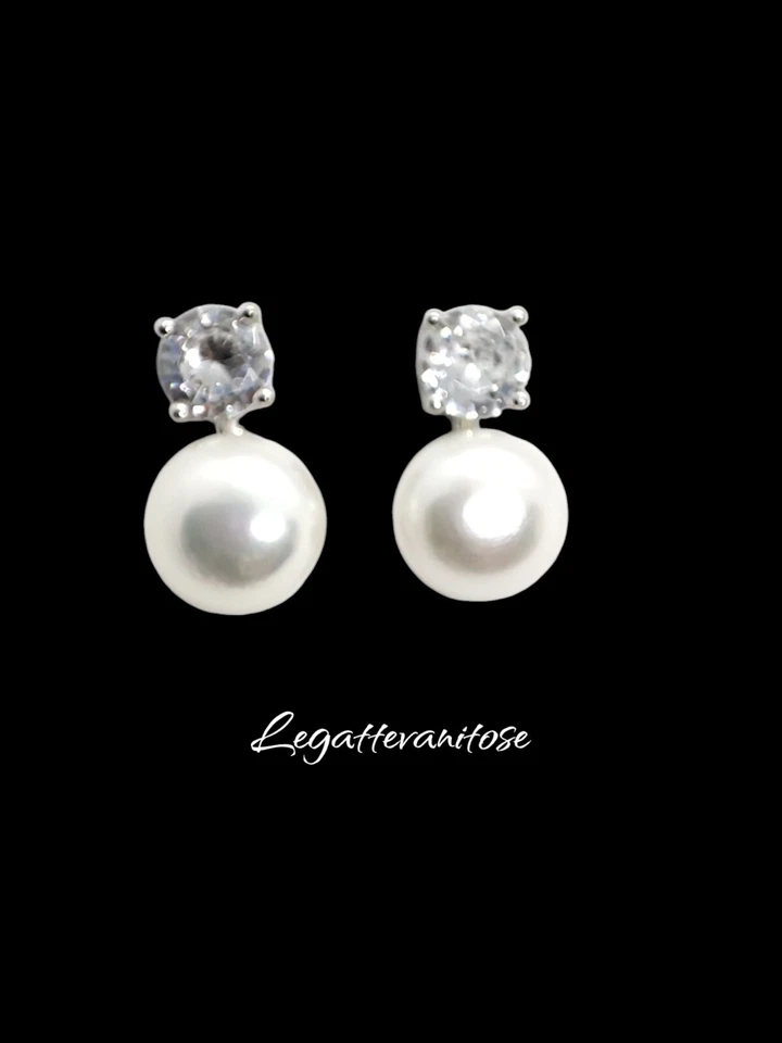 Orecchini donna  Perla E Zircone Taglio Brillante In Argento 925. placcato oro - Immagine 4 di 4
