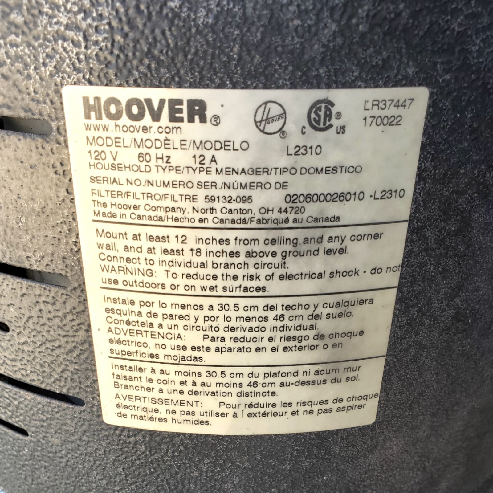 Hoover Model L2310 GUV Garage Utility Vac Wall Floor Mount Shop Vacuum