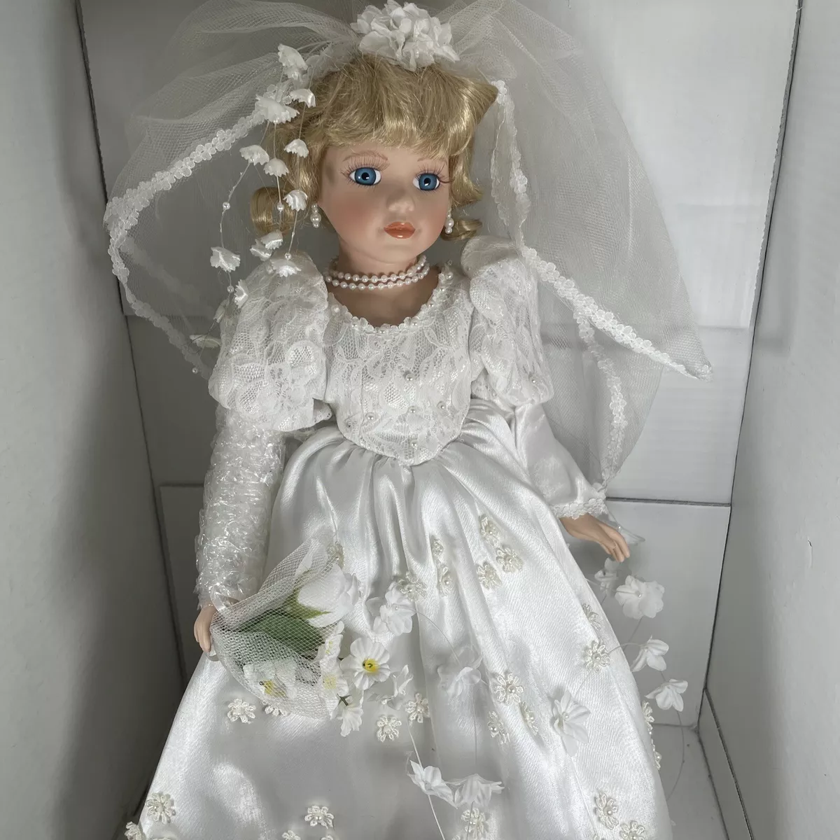 Vintage Porcelain Wedding Doll 16 Inch - Pearl Necklace & Earrings Lace Veil