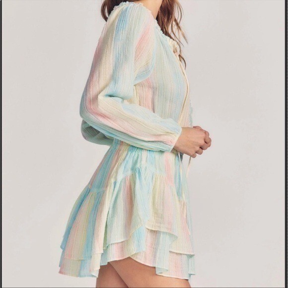 Loveshackfancy Banou Ruffle Tiered Rainbow Mini Dress Multi Horizon NWT image 4