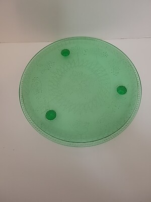 US Glass Fry Sunnybrook Green MAPLE LEAF Uranium 3 Footed Cake Plate - 12'' D