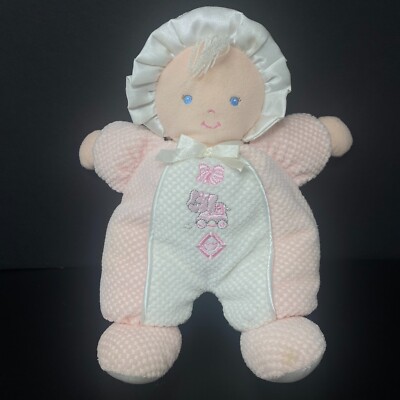 Prestige Pink White Baby Doll Plush Waffle Weave Elephant Satin Bonnet Rattle