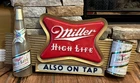 Miller HIGH LIFE Also ON TAP Beer lighted sign Can Bottle figural vintage pub