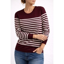 Womens Burgundy White Striped Button Shoulder Nautical Crew Neck Knit Sweatshirt