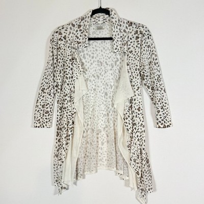 Alberto Makali Womens Medium Cardigan Leopard Draped Open Front White Artsy