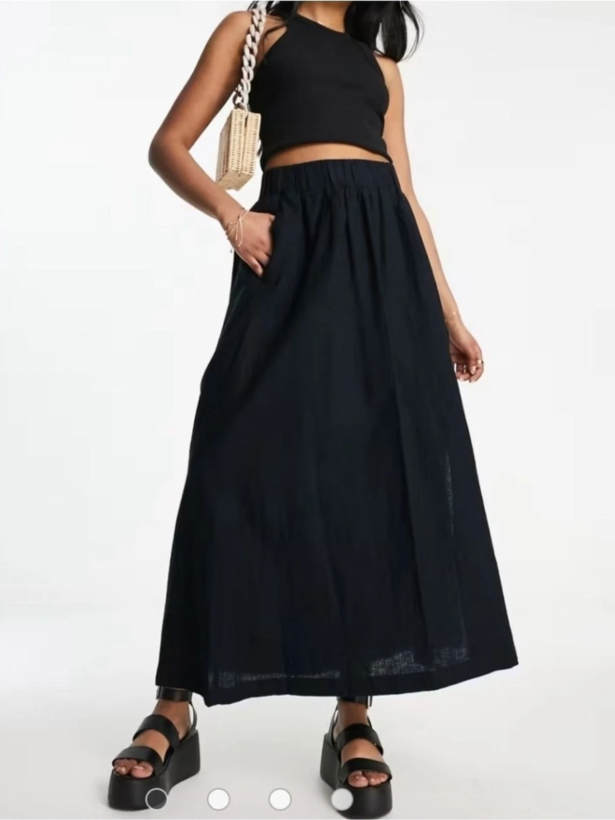 Abercrombie & Fitch Linen Maxi Skirt Black Size Small Side Slit Pocket Stretch