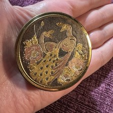 Vintage Peacock Pill Box Gold Tone Metal Compact Trinket Case England 1960s
