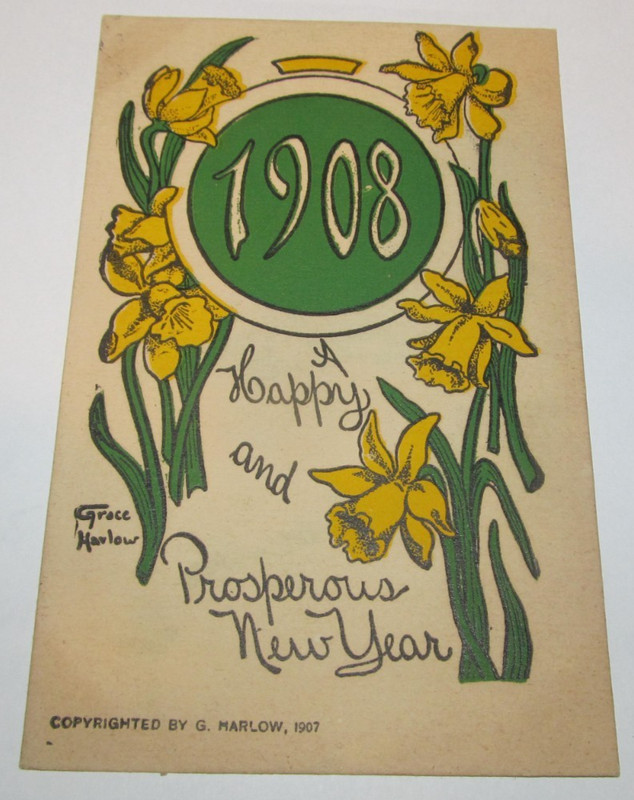 1908 Happy New Year Daffodil Flowers Grace Harlow Artist Foreign Postcard