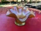 Antique Fenton Blackberry Spray Hat Vase / Marigold On Vaseline Glass / Glows