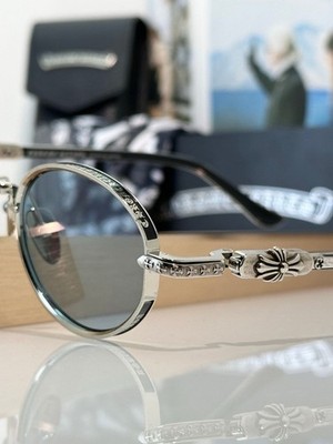 Chrome Hearts Sunglasses Silver Oval Frame Blue Lenses Cross Detail AuthenticLux