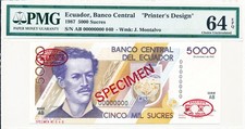 Banco Central Ecuador 5000 Sucres 1987 Specimen Printer s Design PMG  64EPQ