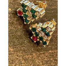 Christmas Tree Earrings Gold Tone Rhinestone Holiday Sparkle Post Back Gift Idea