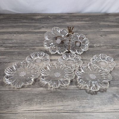 60s Hazel ATLAS Double Daisy Clear Glass Salad Bread Plates Set of 4 Snack Dish