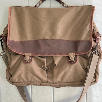Eddie Bauer Mens Brown Canvas Leather Trim Messenger Bag Field Laptop Briefcase