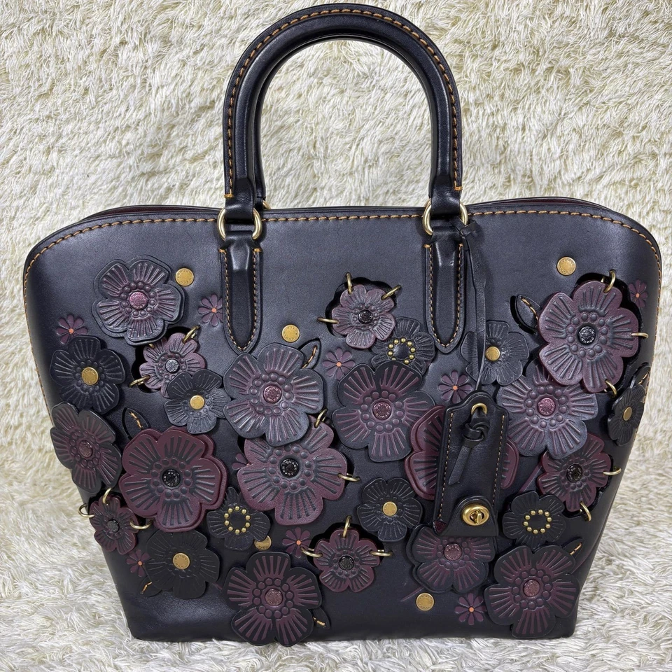 Coach Tea Rose Dakota 2Way Shoulder Bag Black Leather Flower Appliqué Handbag - Image 3 of 4