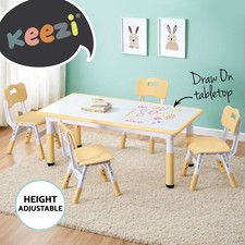 Keezi Kids Table and 4 Chairs Set Height Adjustable Toddler Drawing Desk Yellow