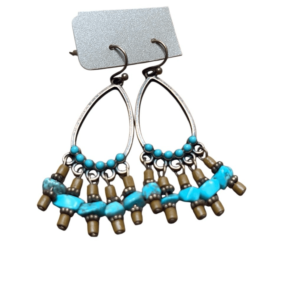 Silver Tone Turquoise Dangle Beaded Hoop Earrings Tribal Western Festival Rodeo