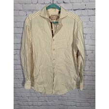 Robert Graham Mens Striped Dress Shirt Tan White Size L Embroidered Quiet Luxury