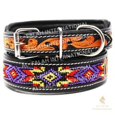 Padded Leather Dog Collar With Beads  Tooling All Size Free Shipping