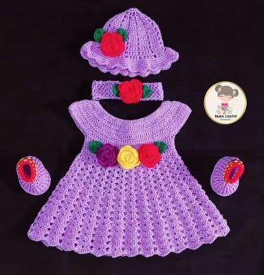 3-6 Month Hand Made Crochet Soft Wool Purpule Cute Rose Baby Frock Costume Set