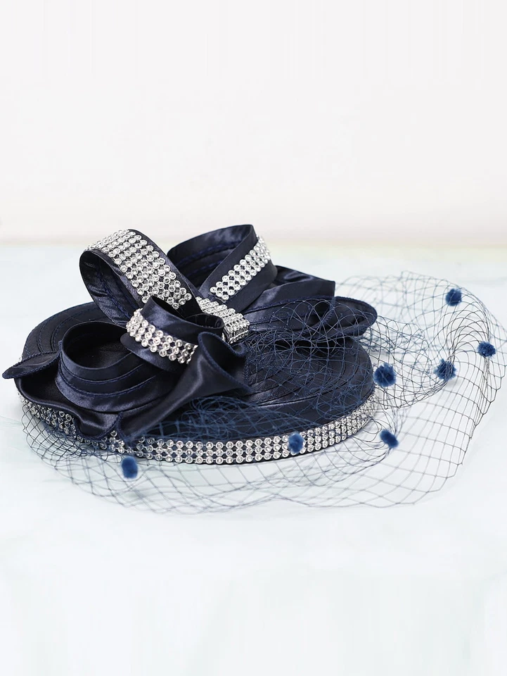 Темно-синий Fascinator шляпа для женщин дерби церкви вечеринки ДОТ шляпы с бантом вуаль - Изображение 4 из 4